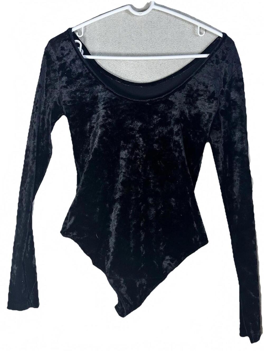 Y2K  Black Crushed  Velvet Body Suit wide neck Goth dance rave indie sleaze Sz S